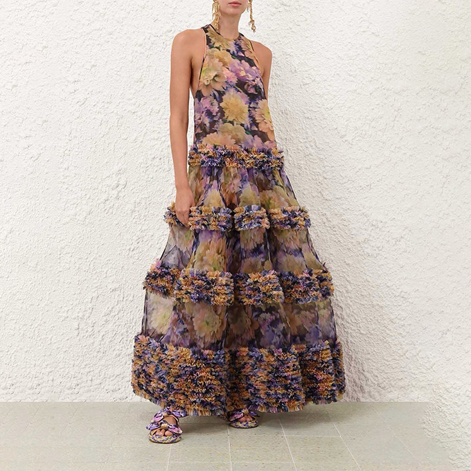 zimmermann impressionist floral halter tiered silk maxi dress
